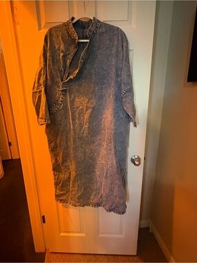 Vintage Washed Denim Shirt Dress - Blue